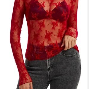 Amazon Red Sheer Lace Long Sleeve Top